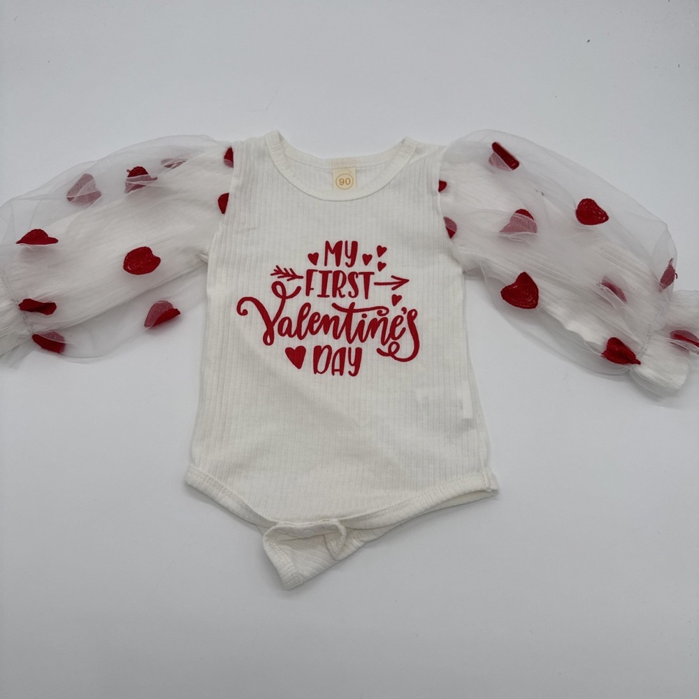 My‎ First Valentines Baby Bodysuit One-Piece Sheer Heart Sleeves 9-12 Months